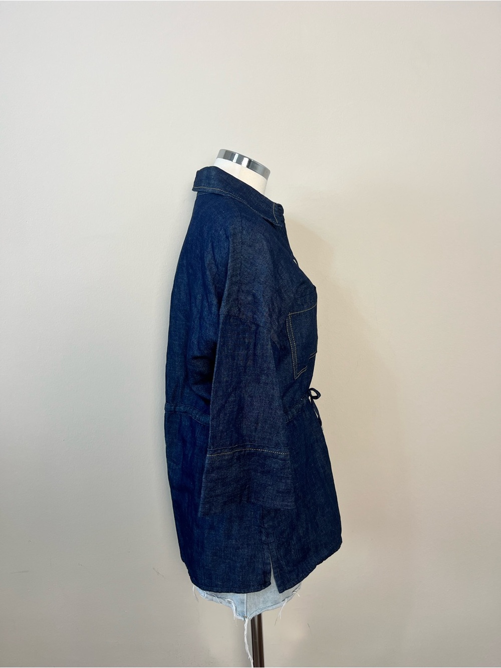 Zara Denim Button Front Blouse Drawstring Waist Cotton Linen Blend Size S NWT - Picture 5 of 10